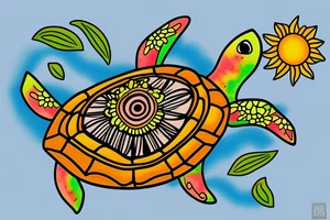 Puerto Rico turtle with flowers and an old sun for the lower part of my back tattoo idea