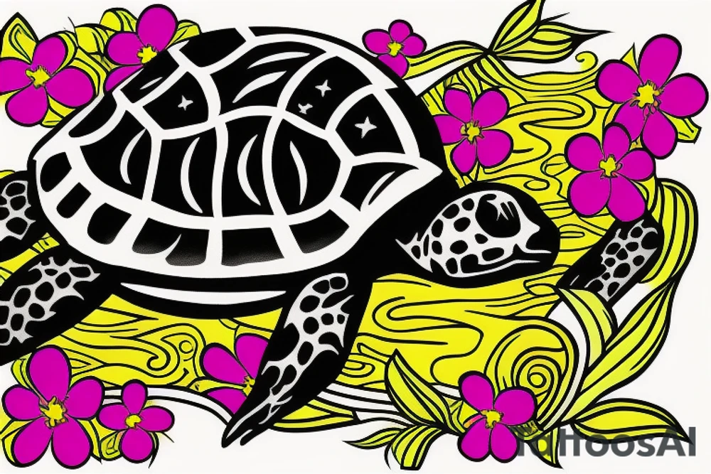 Puerto Rico turtle with flowers and an old sun for the lower part of my back tattoo idea
