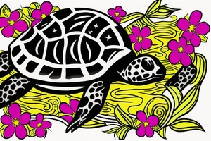 Puerto Rico turtle with flowers and an old sun for the lower part of my back tattoo idea