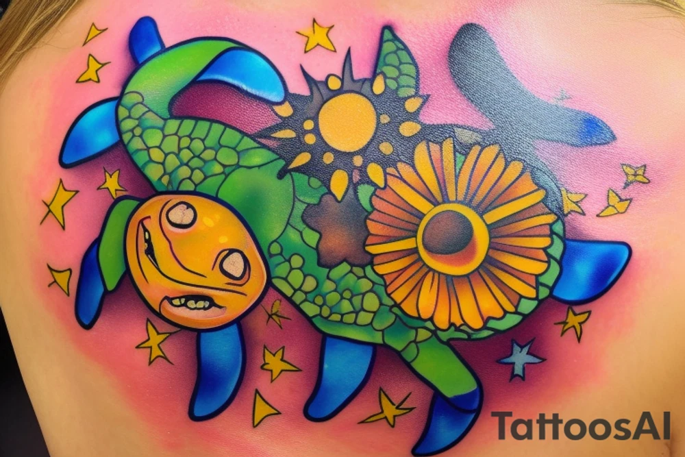 Puerto Rico turtle with flowers and an old sun for the lower part of my back in full collor tattoo idea