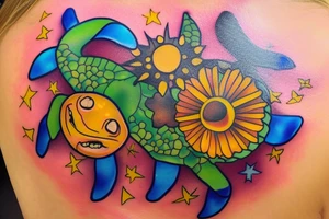 Puerto Rico turtle with flowers and an old sun for the lower part of my back in full collor tattoo idea