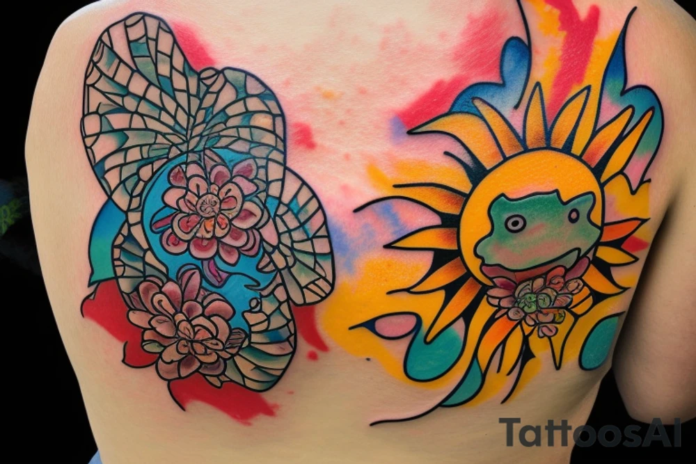 Puerto Rico turtle with flowers and an old sun for the lower part of my back in full collor tattoo idea