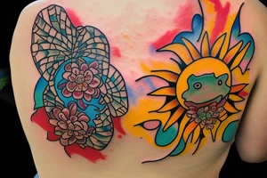 Puerto Rico turtle with flowers and an old sun for the lower part of my back in full collor tattoo idea