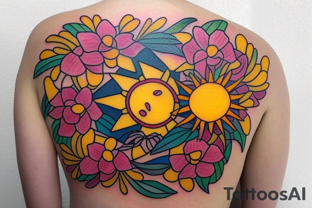 Puerto Rico turtle with flowers and an old sun for the lower part of my back in full collor tattoo idea