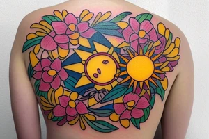 Puerto Rico turtle with flowers and an old sun for the lower part of my back in full collor tattoo idea