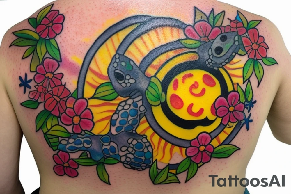 Puerto Rico turtle with flowers and an old sun for the lower part of my back in full collor tattoo idea