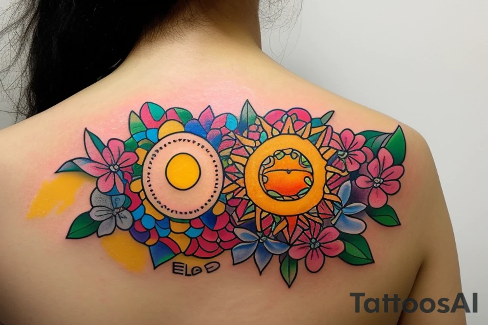Puerto Rico turtle with flowers and an old sun for the lower part of my back in full collor tattoo idea