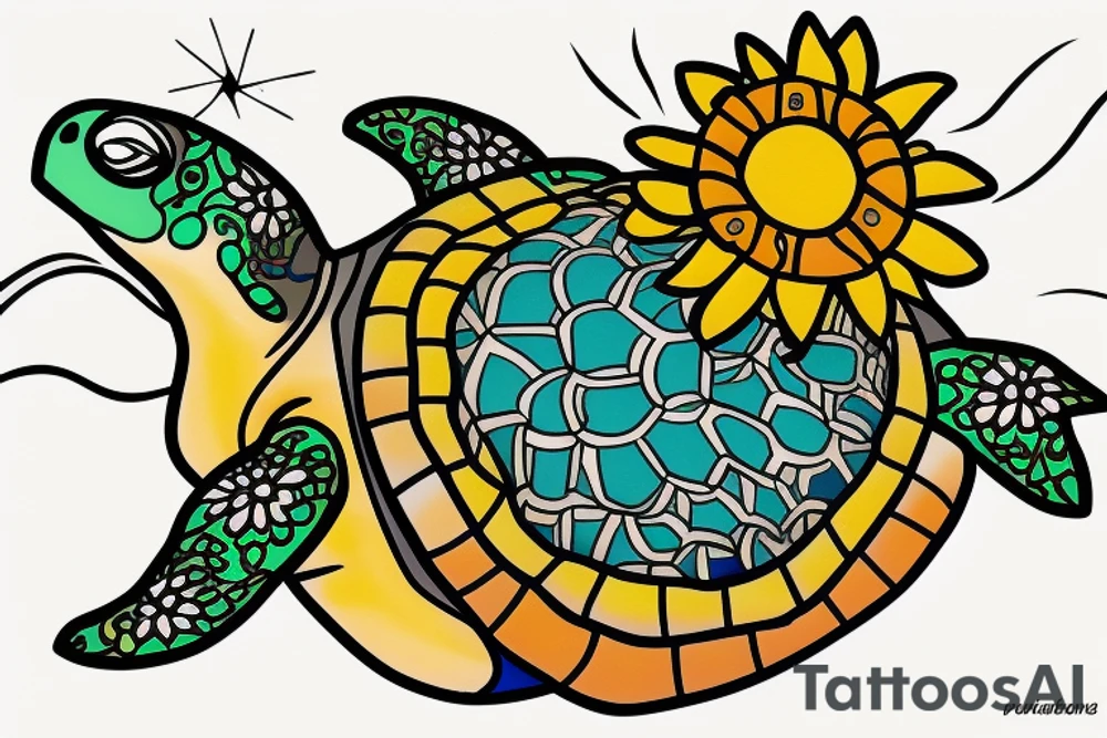 Puerto Rico turtle with flowers and an old sun for the lower part of my back in full collor tattoo idea