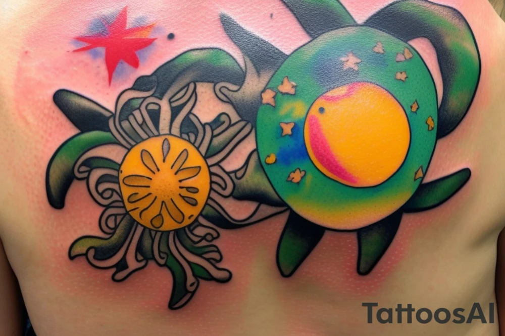 Puerto Rico turtle with flowers and an old sun for the lower part of my back in full collor tattoo idea