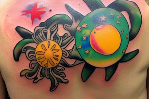 Puerto Rico turtle with flowers and an old sun for the lower part of my back in full collor tattoo idea