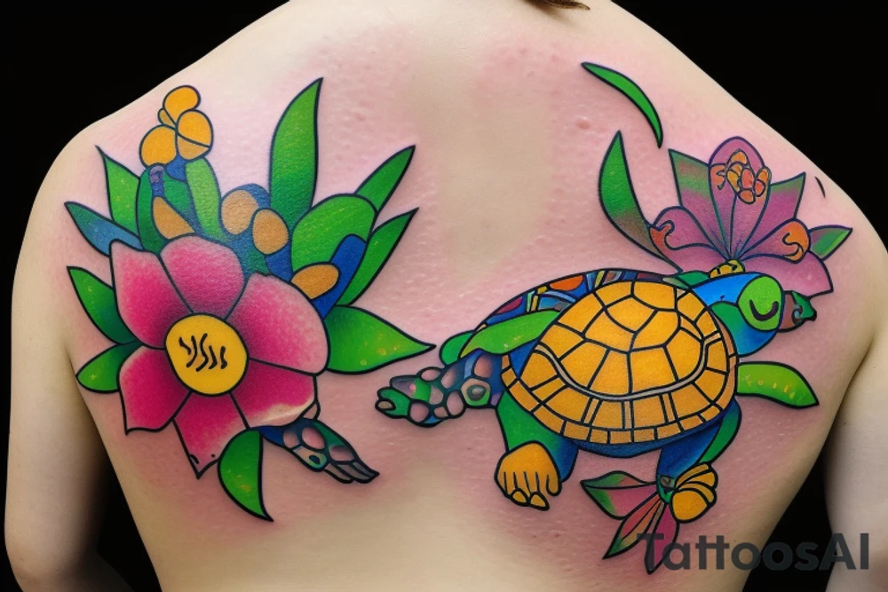 Puerto Rico turtle with flowers and an old sun for the lower part of my back in full collor tattoo idea