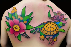 Puerto Rico turtle with flowers and an old sun for the lower part of my back in full collor tattoo idea