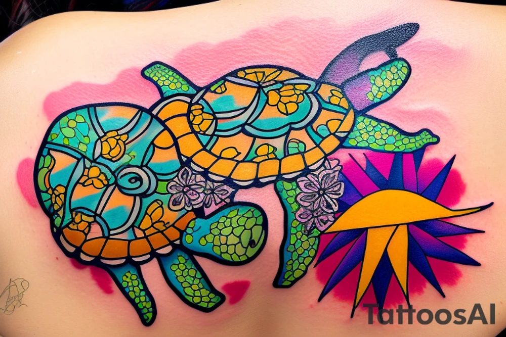 Puerto Rico turtle with flowers and an old sun for the lower part of my back in full collor tattoo idea