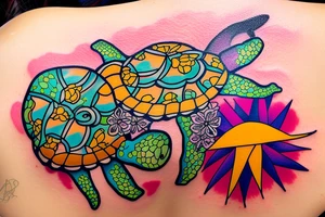 Puerto Rico turtle with flowers and an old sun for the lower part of my back in full collor tattoo idea
