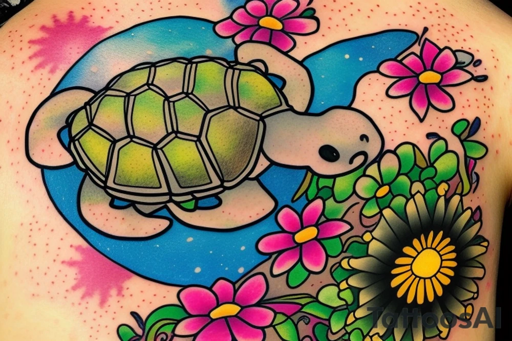 Puerto Rico turtle with flowers and an old sun for the lower part of my back in full collor tattoo idea