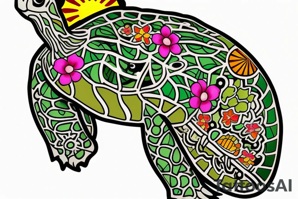 Puerto Rico turtle with flowers and an old sun for the lower part of my back in full collor tattoo idea