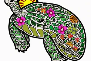 Puerto Rico turtle with flowers and an old sun for the lower part of my back in full collor tattoo idea