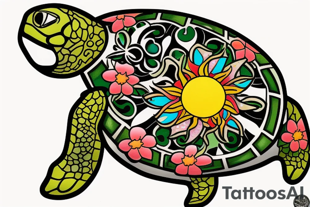 Puerto Rico turtle with flowers and an old sun for the lower part of my back in full collor tattoo idea