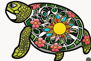 Puerto Rico turtle with flowers and an old sun for the lower part of my back in full collor tattoo idea