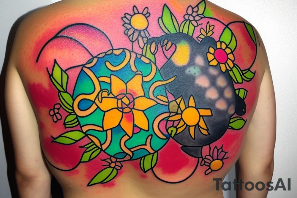 Puerto Rico turtle with flowers and an old sun for the lower part of my back in full collor tattoo idea