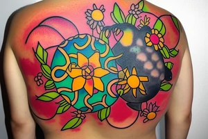 Puerto Rico turtle with flowers and an old sun for the lower part of my back in full collor tattoo idea