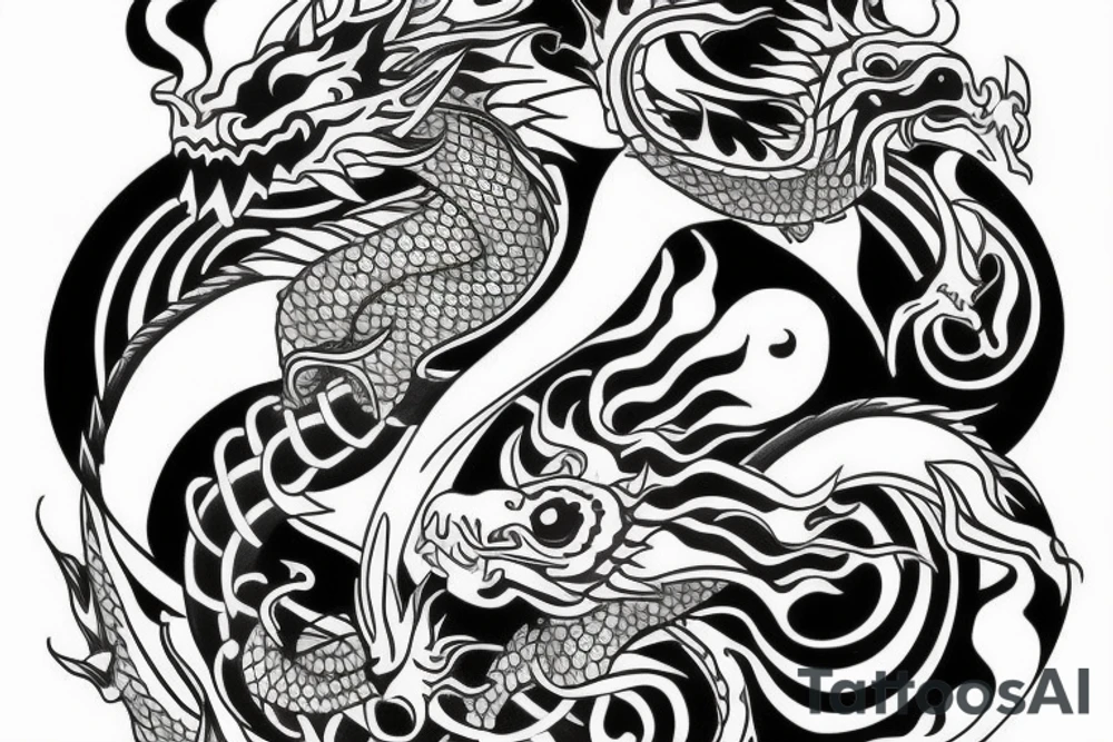 sleeve tattoo with a dragon, koi fish, yin yang tattoo idea