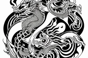sleeve tattoo with a dragon, koi fish, yin yang tattoo idea