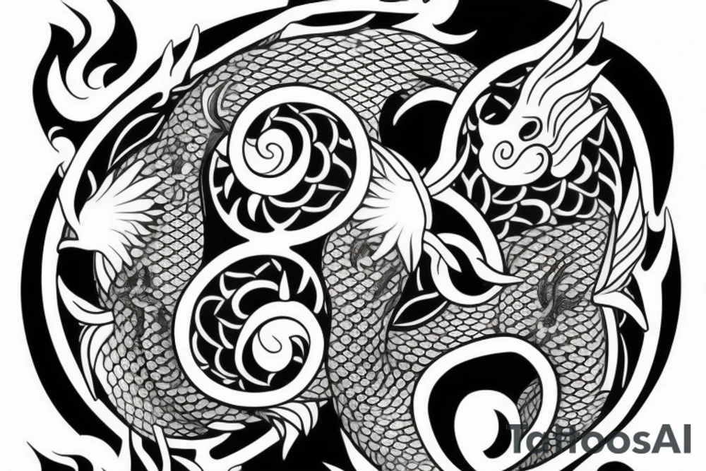 sleeve tattoo with a dragon, koi fish, yin yang tattoo idea