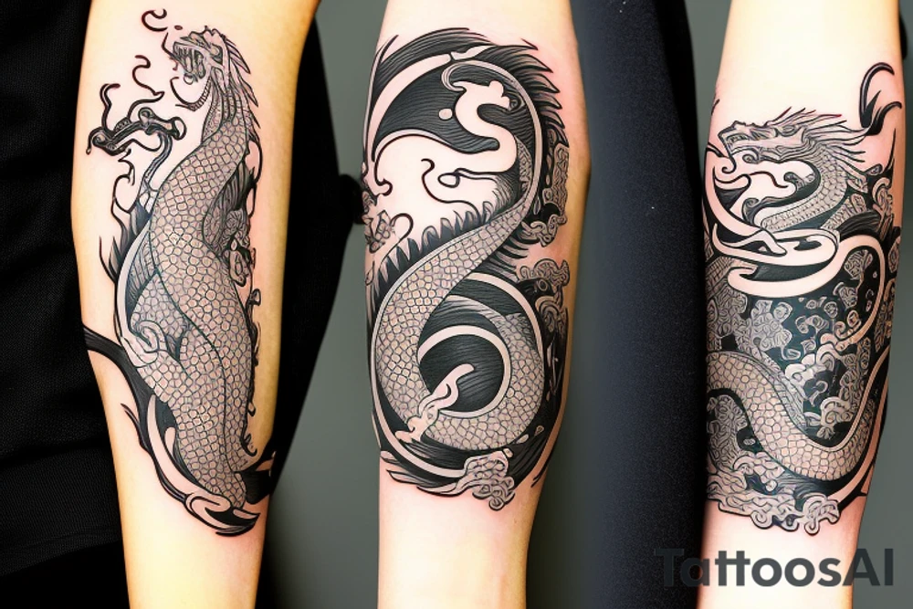 arm sleeve tattoo with a dragon, koi fish, yin yang tattoo idea
