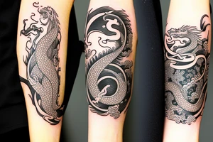 arm sleeve tattoo with a dragon, koi fish, yin yang tattoo idea