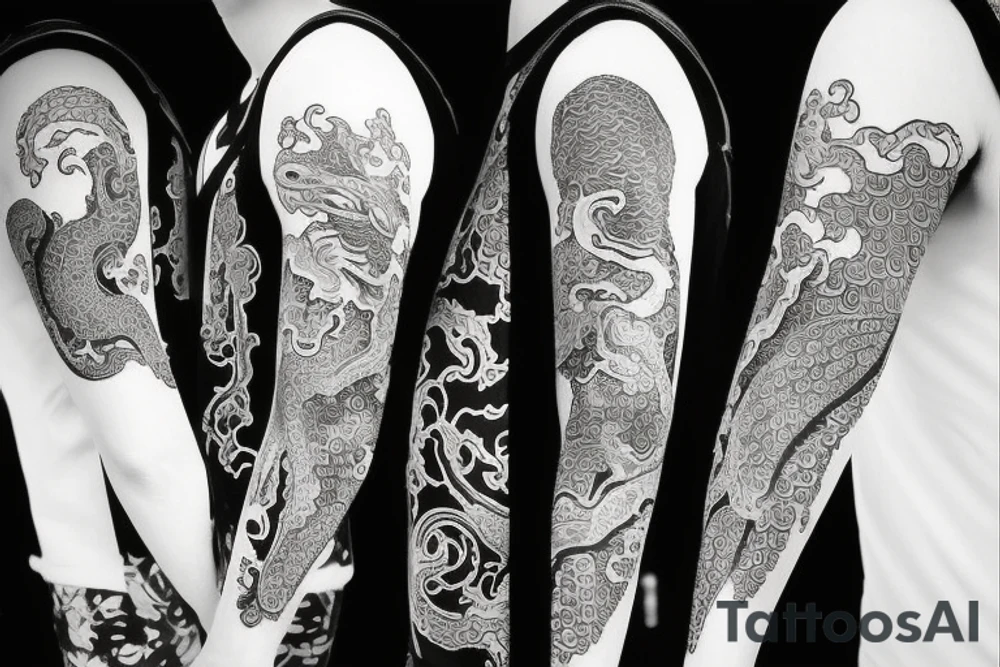 arm sleeve tattoo with a dragon, koi fish, yin yang tattoo idea