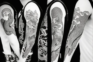 arm sleeve tattoo with a dragon, koi fish, yin yang tattoo idea
