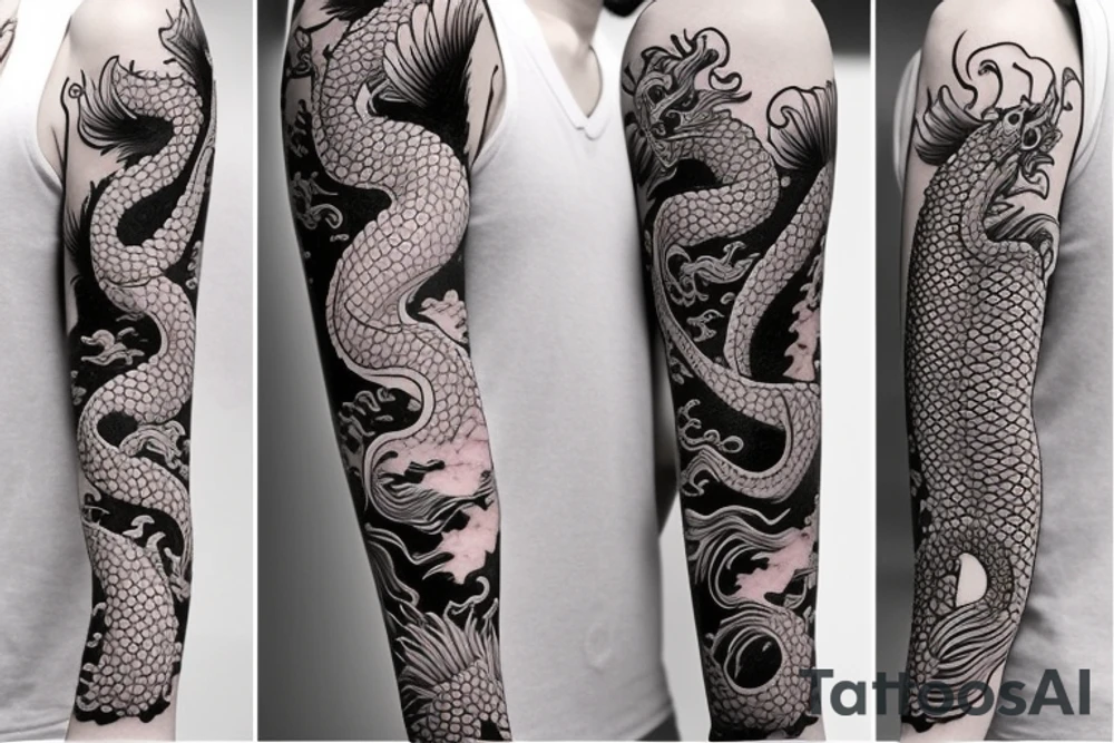 Full arm sleeve with a dragon and koi fish tattoo idea
