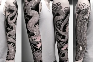 Full arm sleeve with a dragon and koi fish tattoo idea