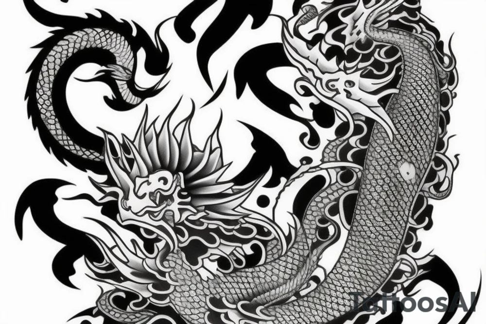 Full arm sleeve with a dragon and koi fish tattoo idea