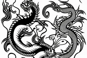 Full arm sleeve with a dragon and koi fish, use waves or sakura's for filling the blanks tattoo idea