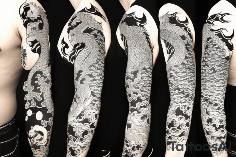 Full arm sleeve with a dragon and koi fish, use waves or sakura's for filling the blanks tattoo idea