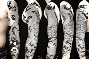 Full arm sleeve with a dragon and koi fish, use waves or sakura's for filling the blanks tattoo idea