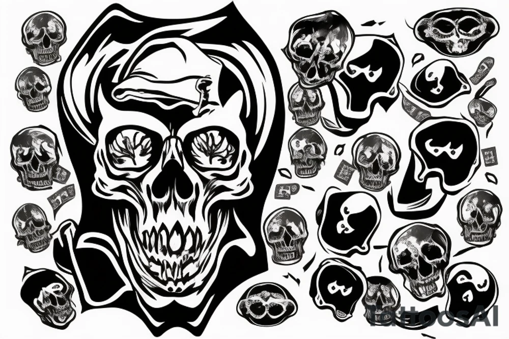 black skull with banknote in mouth and fire in eyes tattoo idea