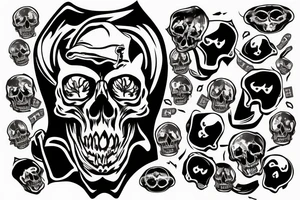 black skull with banknote in mouth and fire in eyes tattoo idea