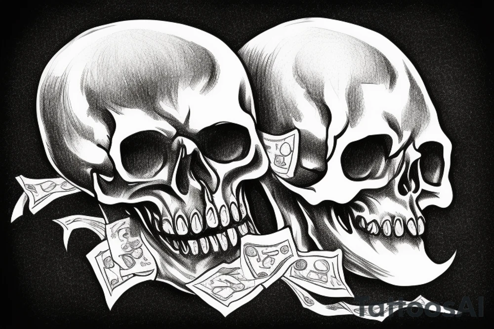 black skull with banknote in mouth and fire in eyes tattoo idea