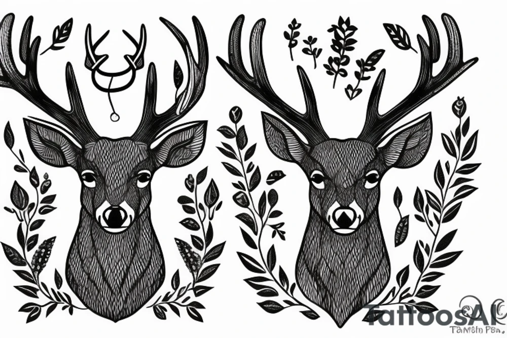 deer with large antlers on which leaves grow tattoo idea