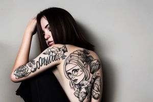 external view at a blonde boy sitting on air mattress with a brunette short hair very looking girl tattoo idea