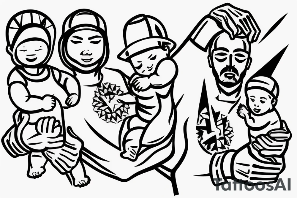 father giving hands with her baby daughter on his right and baby son on his left tattoo idea