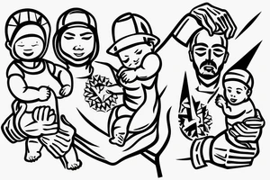 father giving hands with her baby daughter on his right and baby son on his left tattoo idea