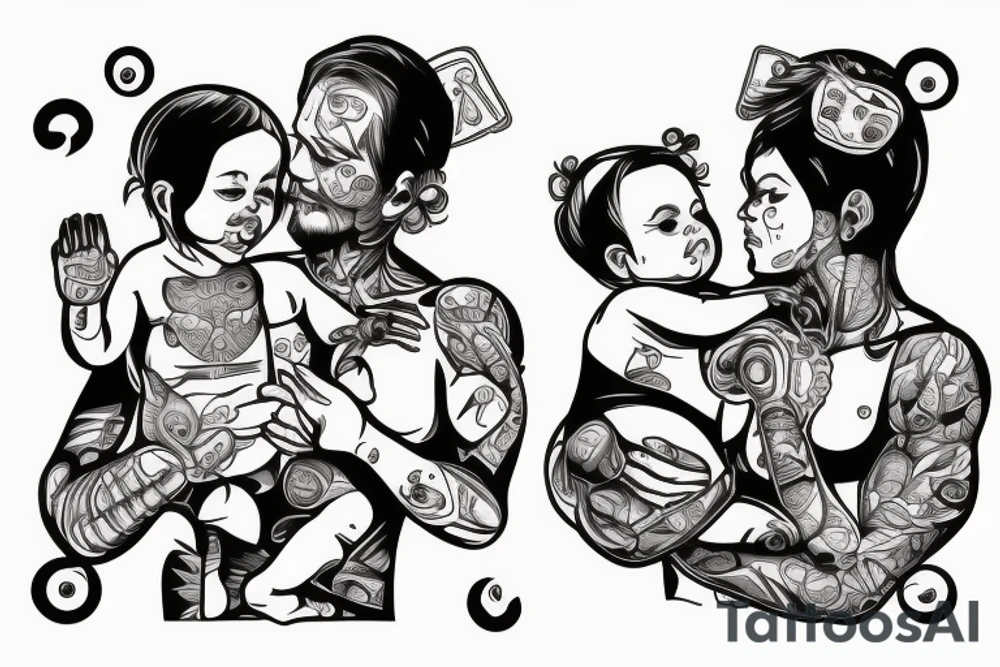 father giving hands with her baby daughter on his right and baby son on his left tattoo idea