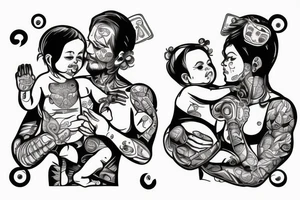 father giving hands with her baby daughter on his right and baby son on his left tattoo idea