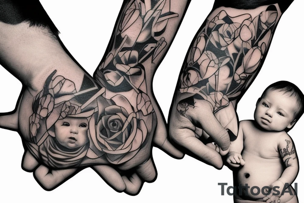 father giving hands with her baby daughter on his right and baby son on his left tattoo idea