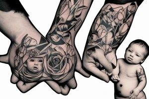 father giving hands with her baby daughter on his right and baby son on his left tattoo idea