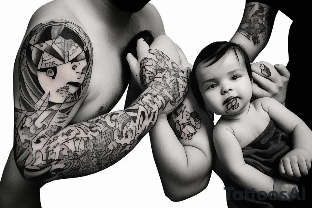 father giving hands with her baby daughter on his right and baby son on his left tattoo idea
